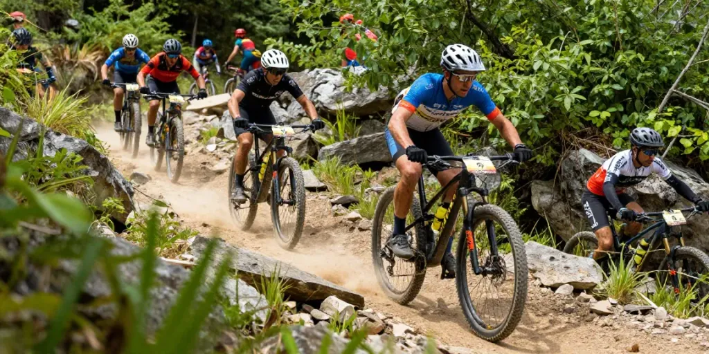Mountain bikers competing in rugged terrain during gare ciclismo event with colorful gear and scenic backdrop.