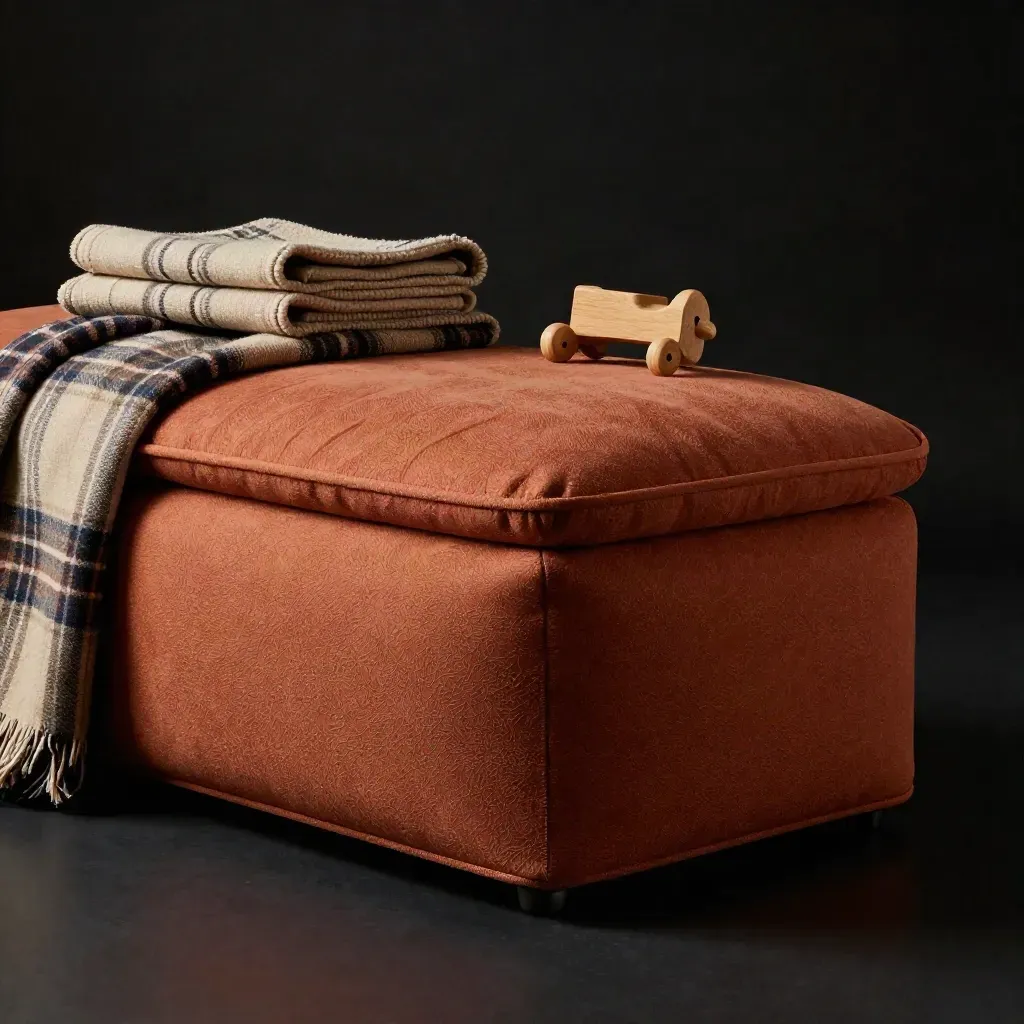 Pouf contenitore terracotta in bouclé con plaid piegati e un gioco di legno.