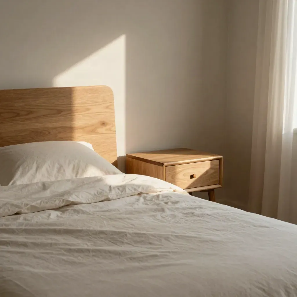 Camera con letto in legno chiaro, lenzuola morbide e tenda in movimento.